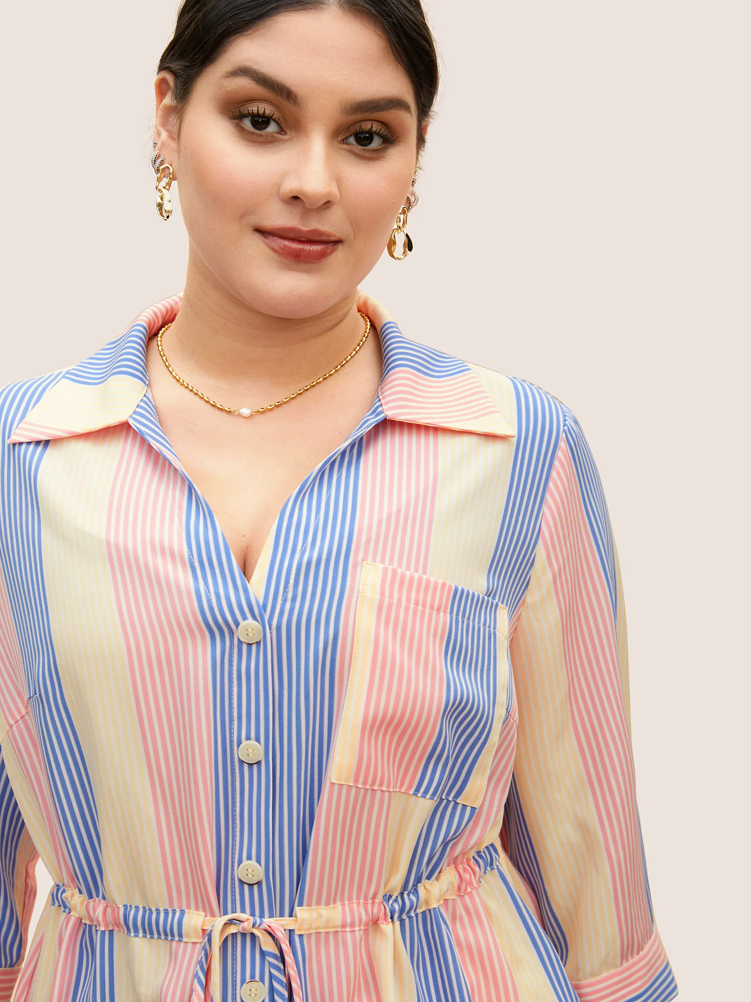 Contrast Striped Drawstring Patched Pocket Blouse Contrast Striped Drawstring Patched Pocket Blouse