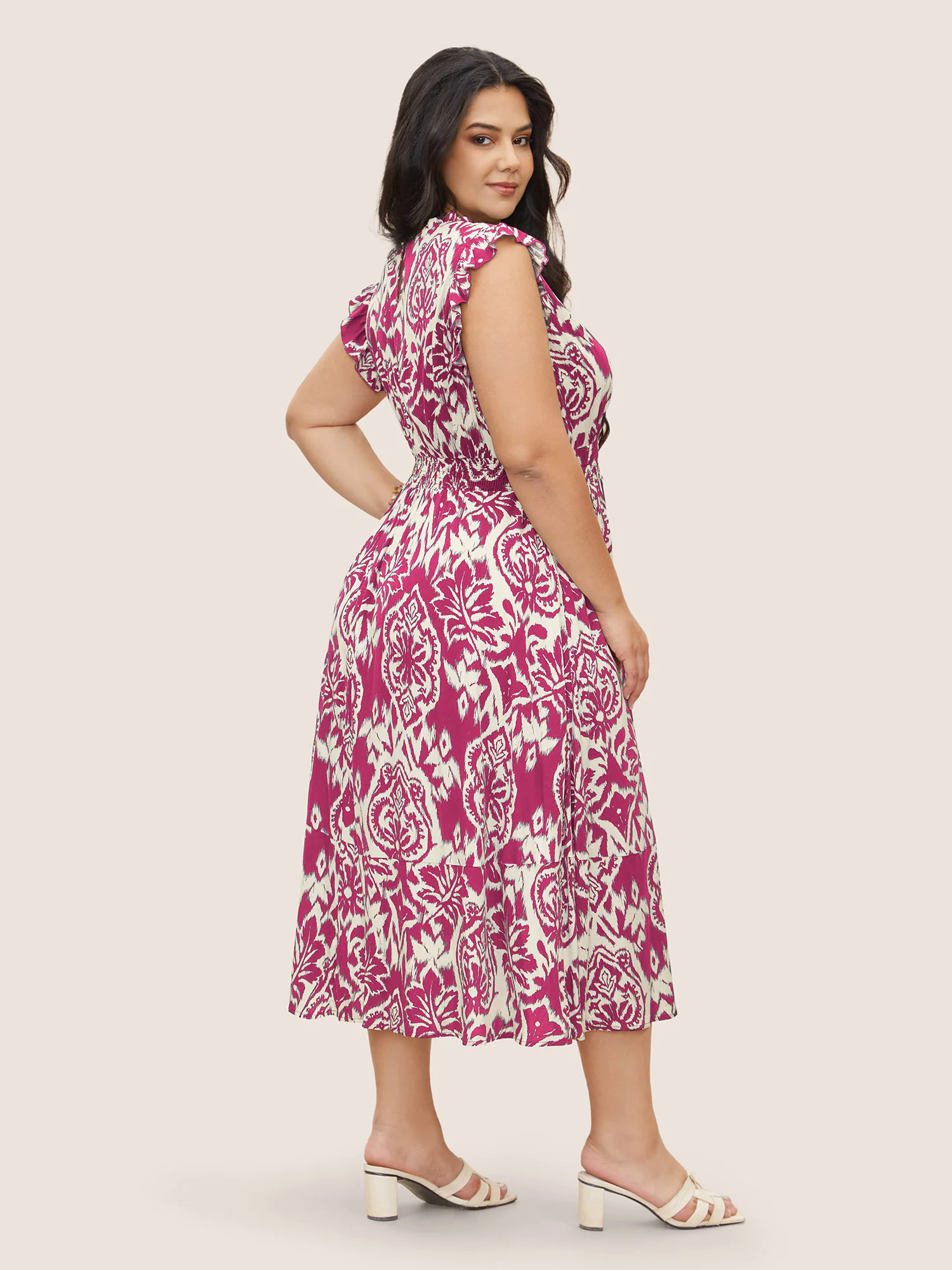 Boho Print Mock Neck Shirred Ruffle Cap Sleeve Dress Boho Print Mock Neck Shirred Ruffle Cap Sleeve Dress