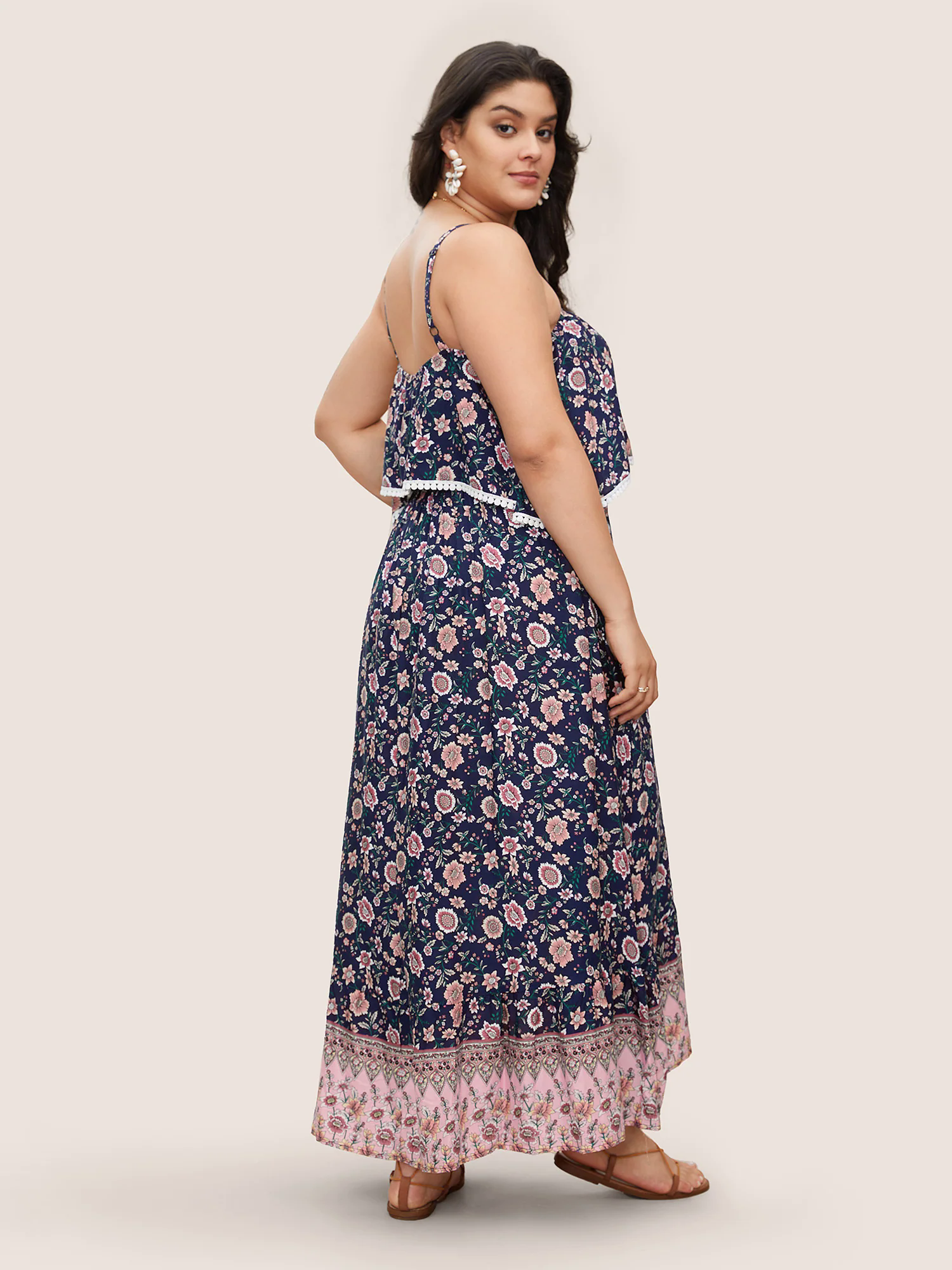 Bandana Print Spaghetti Strap Pocket Ruffles Asymmetrical Hem Maxi Dress
