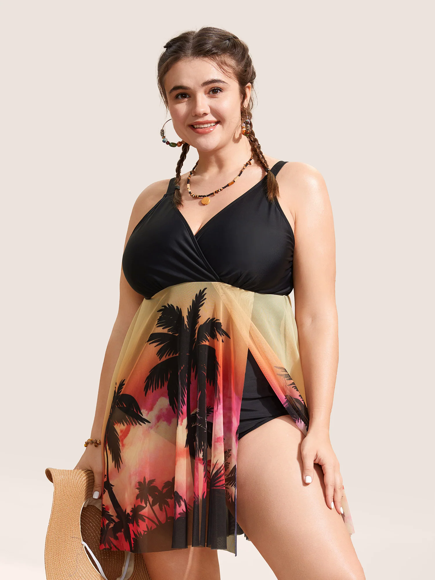 Tropical Print Slit Hem See Through Swim Dress