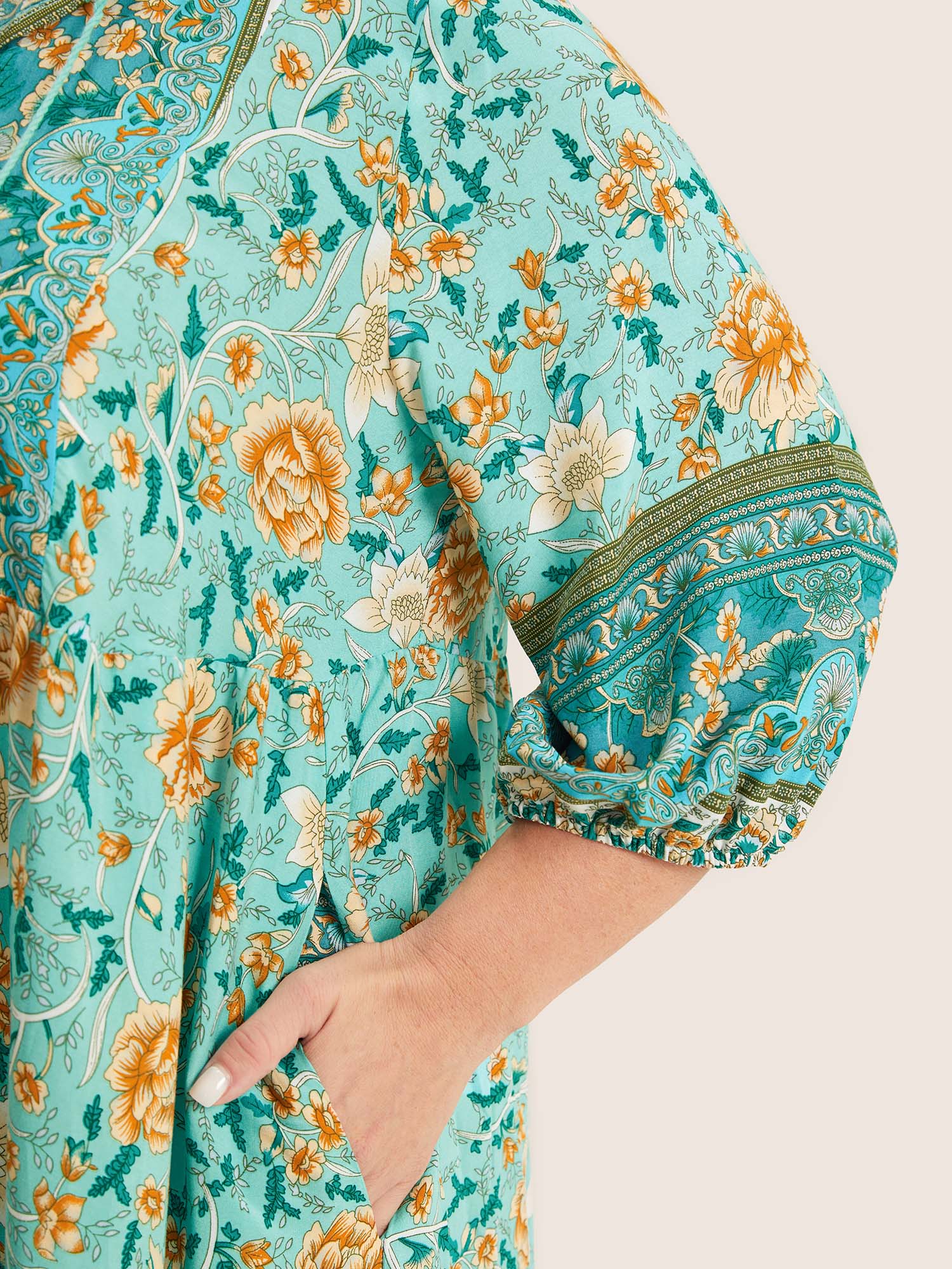 Bandana Tassels Lantern Sleeve Ruffle Pocket Keyhole Neck Dress Bandana Tassels Lantern Sleeve Ruffle Pocket Keyhole Neck Dress