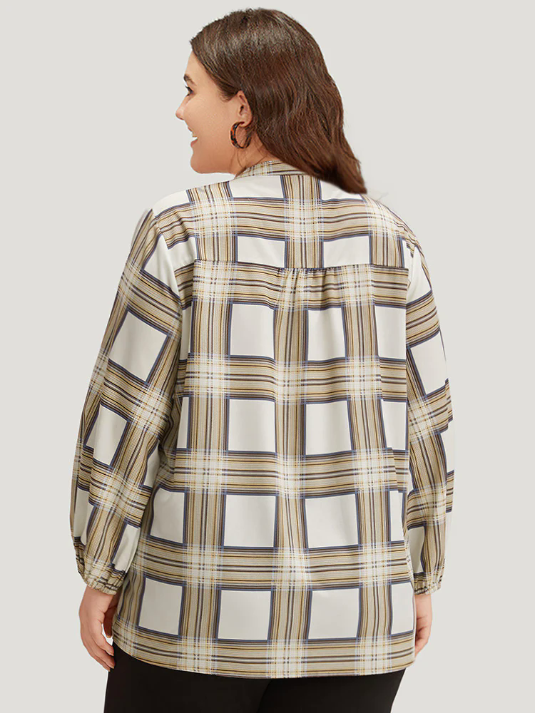 Plaid Shirred Notched Button Up Blouse