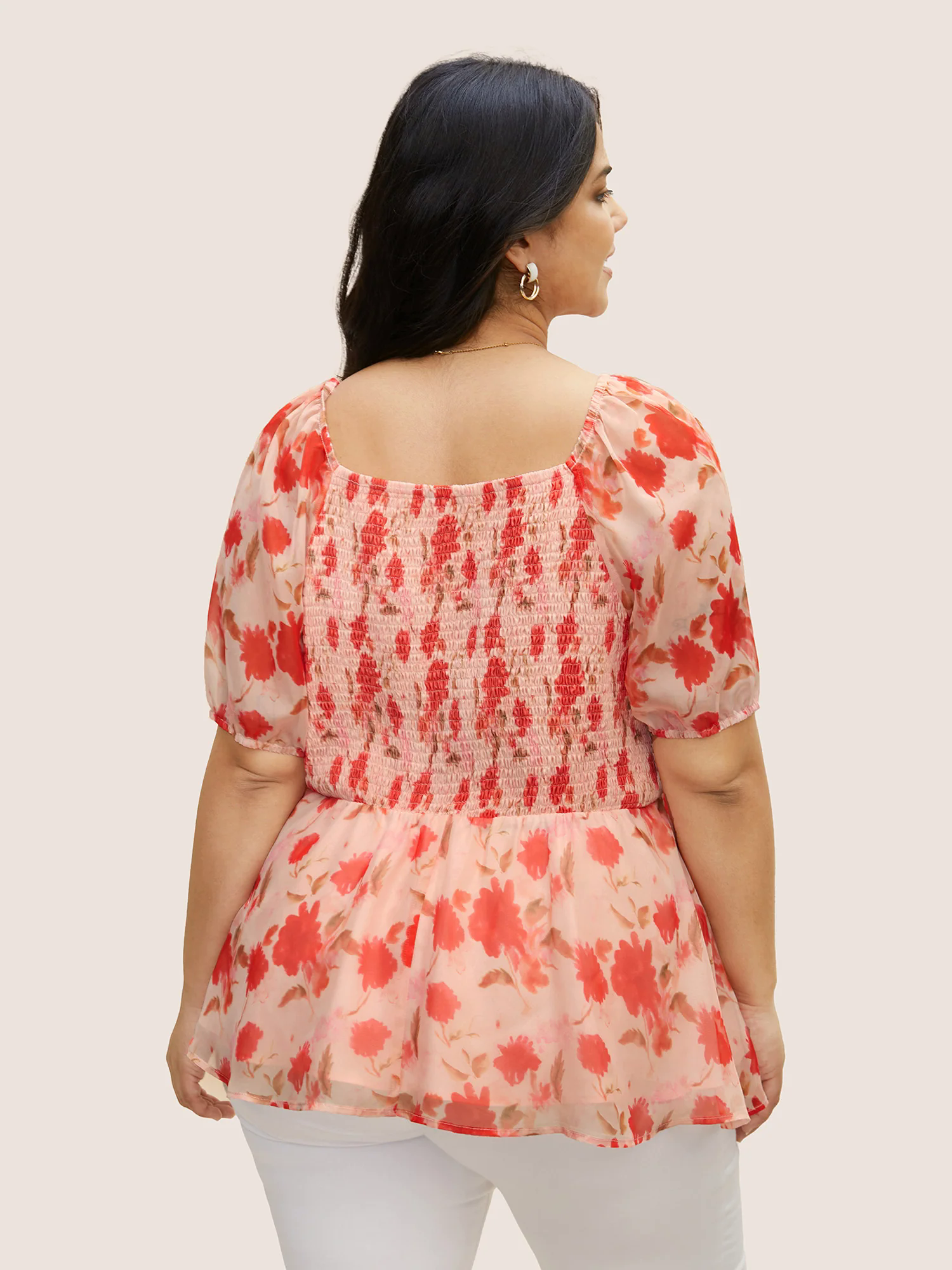 Floral Elastic Waist Mesh Ruched Blouse Floral Elastic Waist Mesh Ruched Blouse