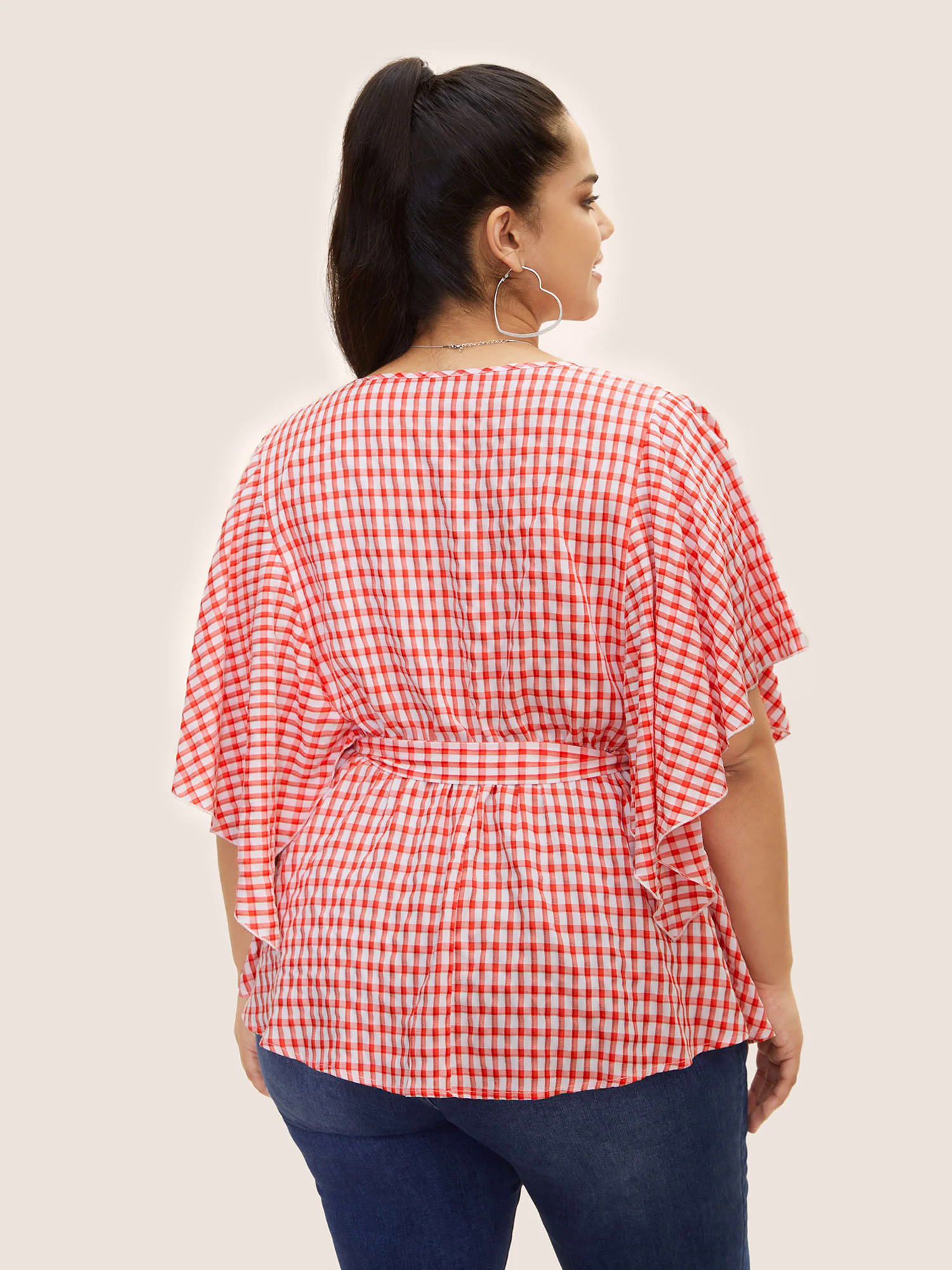 V Neck Gingham Tie Knot Ruffles Blouse V Neck Gingham Tie Knot Ruffles Blouse