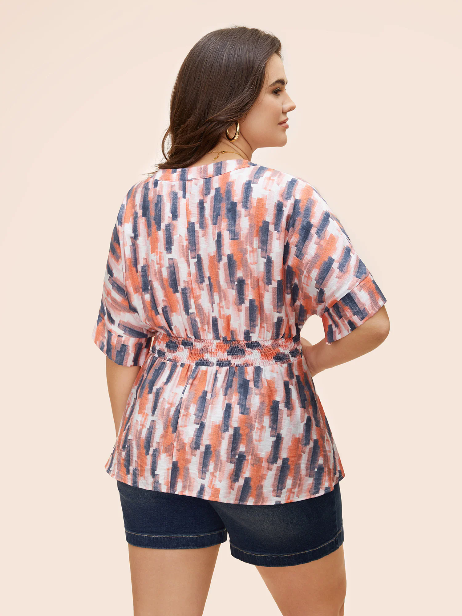 Brush Print Shirred Split Neck Blouse