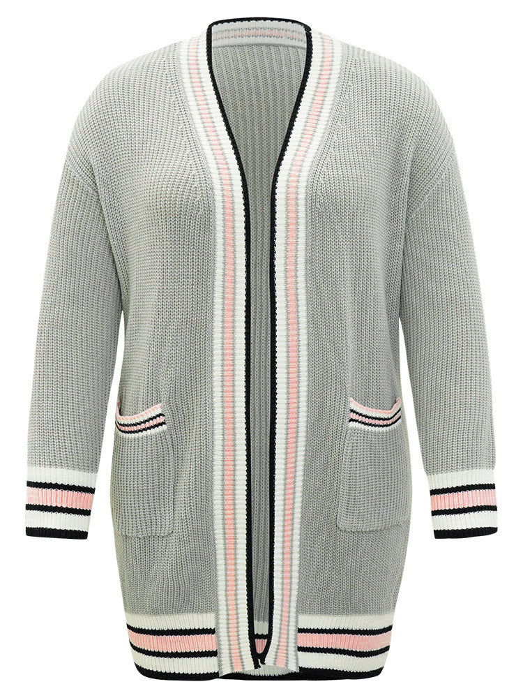 Striped Contrast Drop Shoulder Elastic Cuffs Cardigan Striped Contrast Drop Shoulder Elastic Cuffs Cardigan