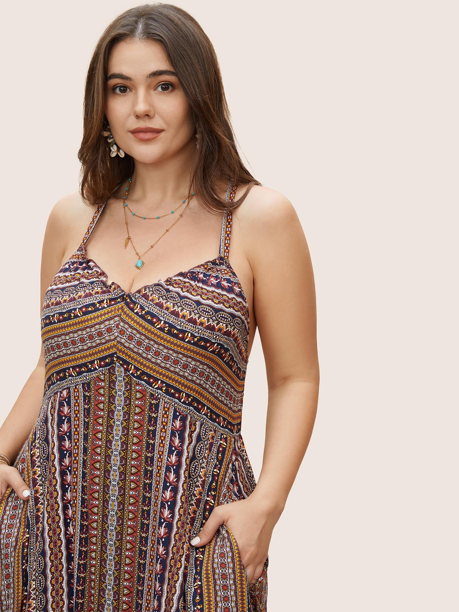 Boho Print Elastic Waist Split Hem Cami Dress
