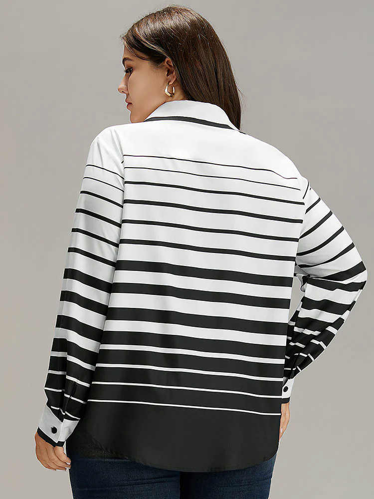 Striped Button Through Curved Hem Blouse