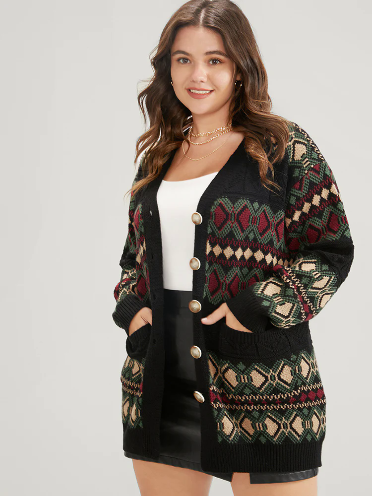Geometric Contrast Pointelle Knit Pocket Jacquard Button Front Cardigan Geometric Contrast Pointelle Knit Pocket Jacquard Button Front Cardigan
