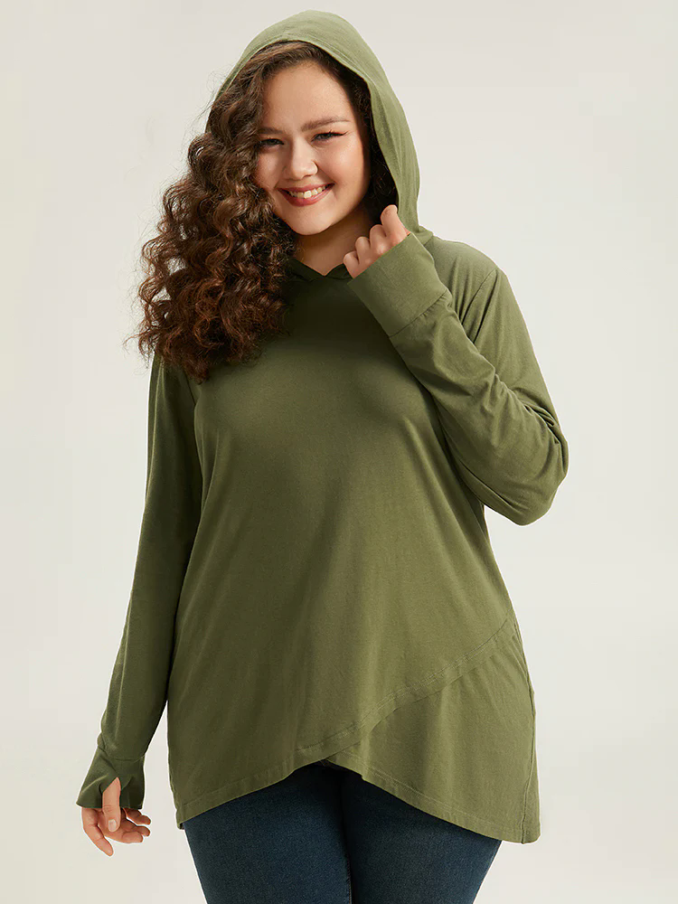 Plain Hooded Wrap Hem Thumb Hole T-shirt Plain Hooded Wrap Hem Thumb Hole T-shirt