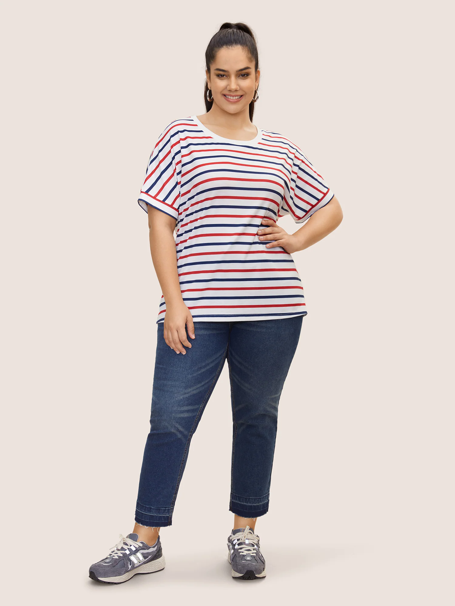 Crew Neck Contrast Striped Batwing Sleeve T-shirt Crew Neck Contrast Striped Batwing Sleeve T-shirt