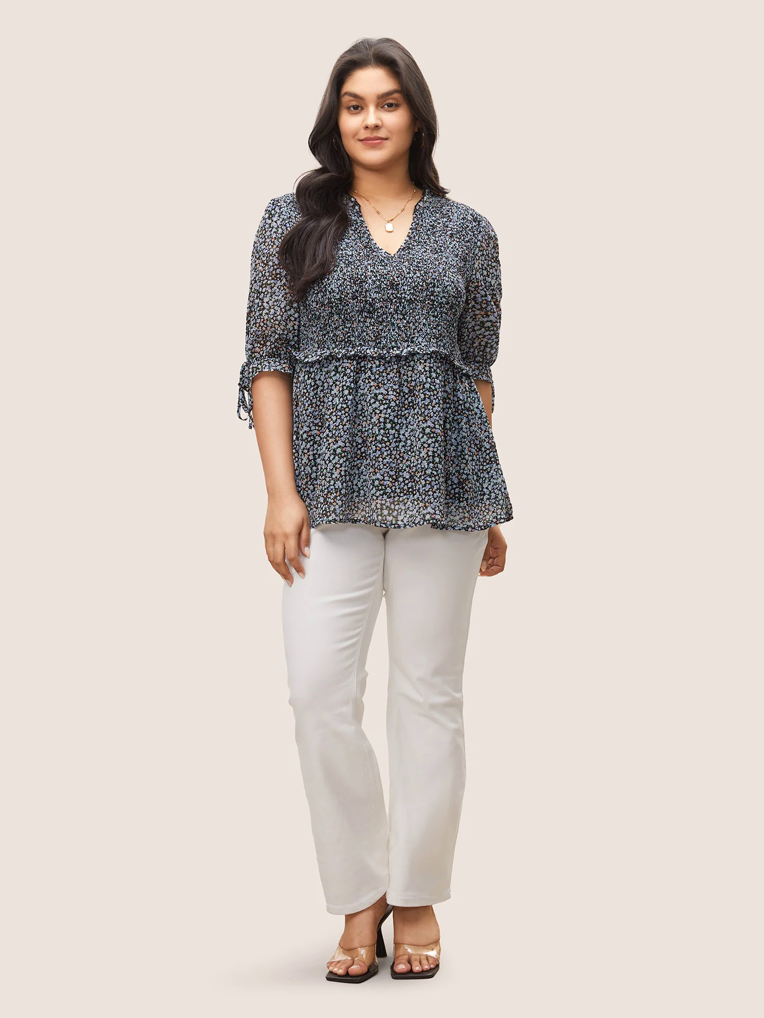 Chiffon Ditsy Floral Ruffles Shirred Ties Blouse Chiffon Ditsy Floral Ruffles Shirred Ties Blouse