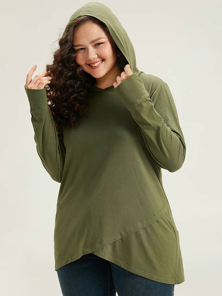 Plain Hooded Wrap Hem Thumb Hole T-shirt Plain Hooded Wrap Hem Thumb Hole T-shirt