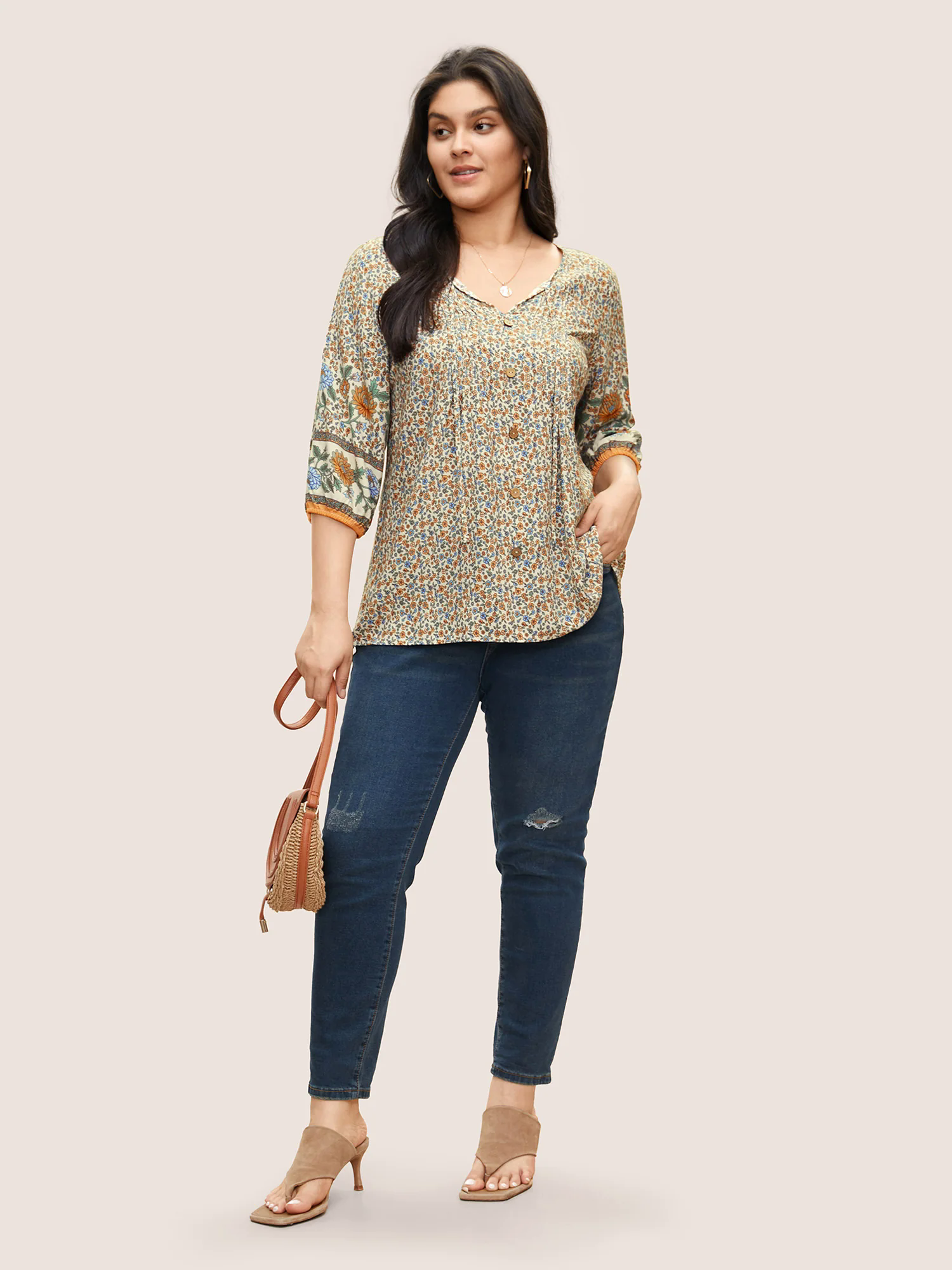 Boho Print Pleated Button Detail Tie Neck Blouse