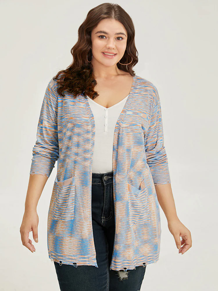 Ombre Pocket Open Front Ripped Hem Cardigan Ombre Pocket Open Front Ripped Hem Cardigan
