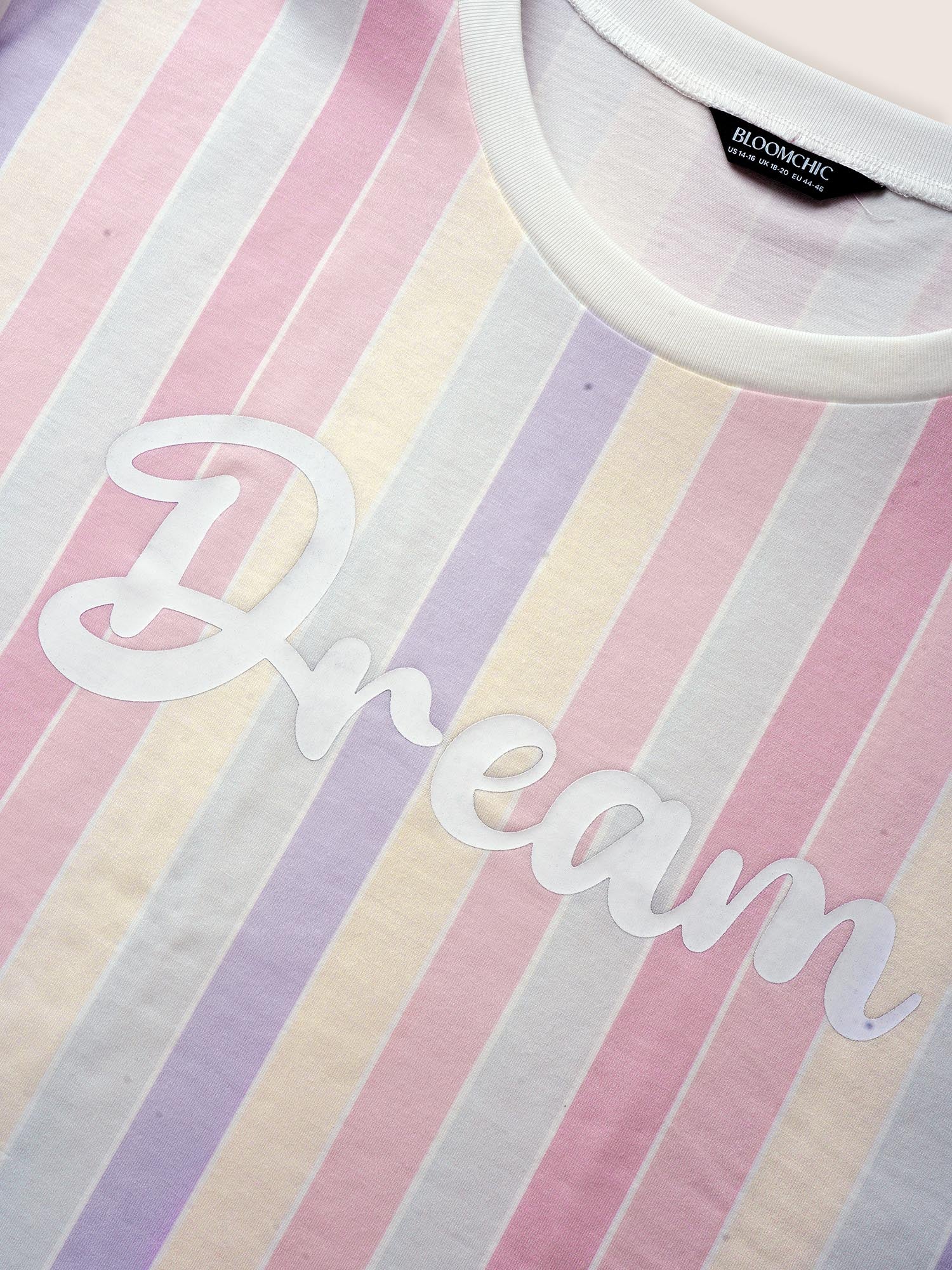 Round Neck Colored Striped Letter Print T-shirt Round Neck Colored Striped Letter Print T-shirt