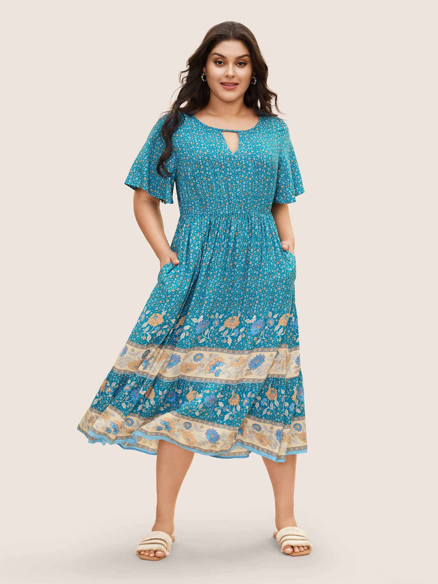 Bandana Keyhole Ruffle Sleeve Midi Dress Bandana Keyhole Ruffle Sleeve Midi Dress