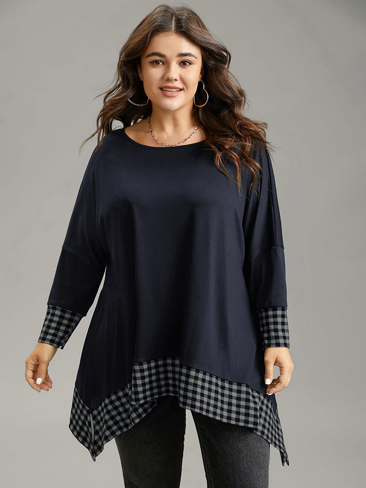 Plaid Patchwork Hanky Hem T-shirt Plaid Patchwork Hanky Hem T-shirt
