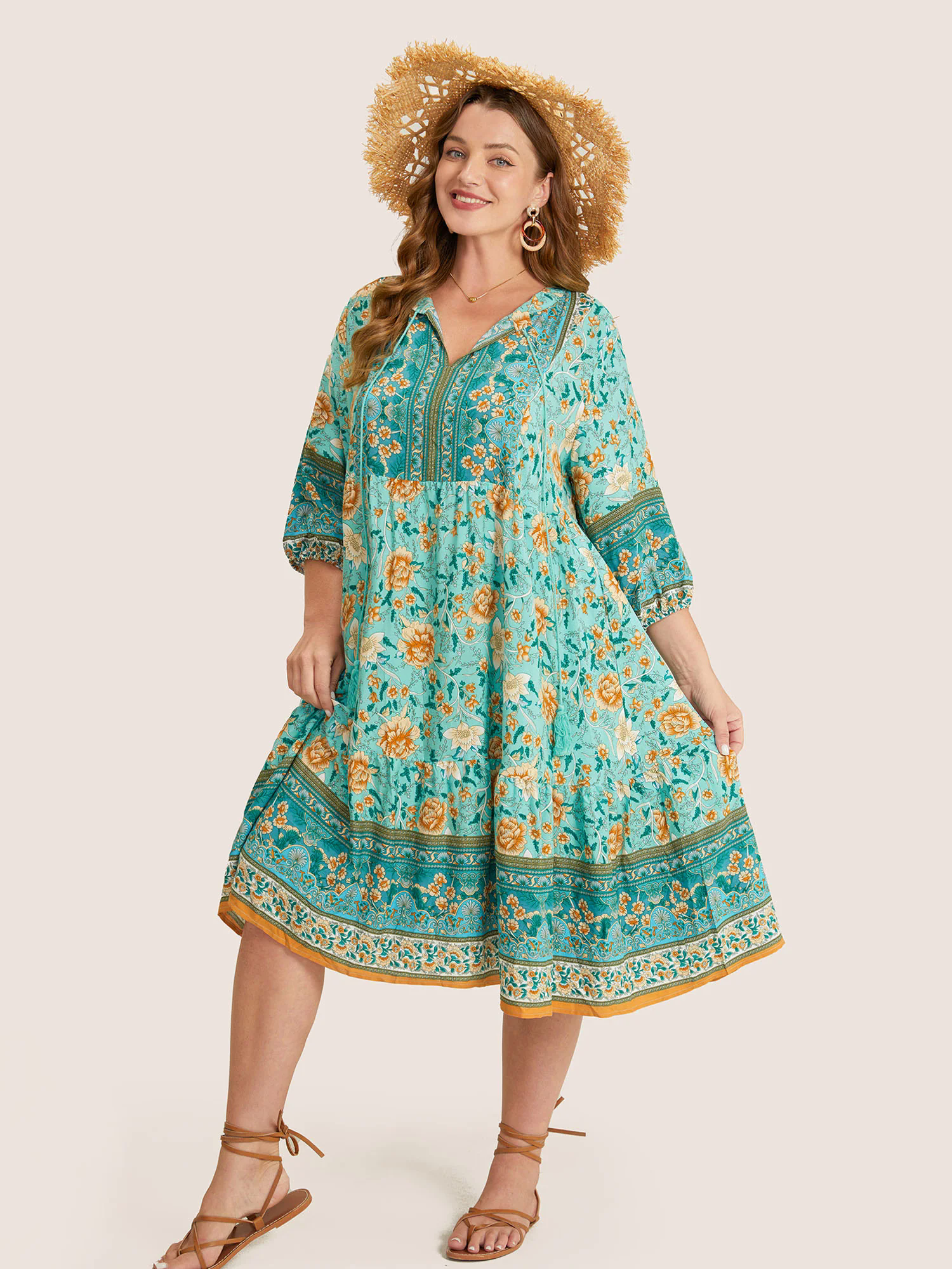 Bandana Tassels Lantern Sleeve Ruffle Pocket Keyhole Neck Dress Bandana Tassels Lantern Sleeve Ruffle Pocket Keyhole Neck Dress