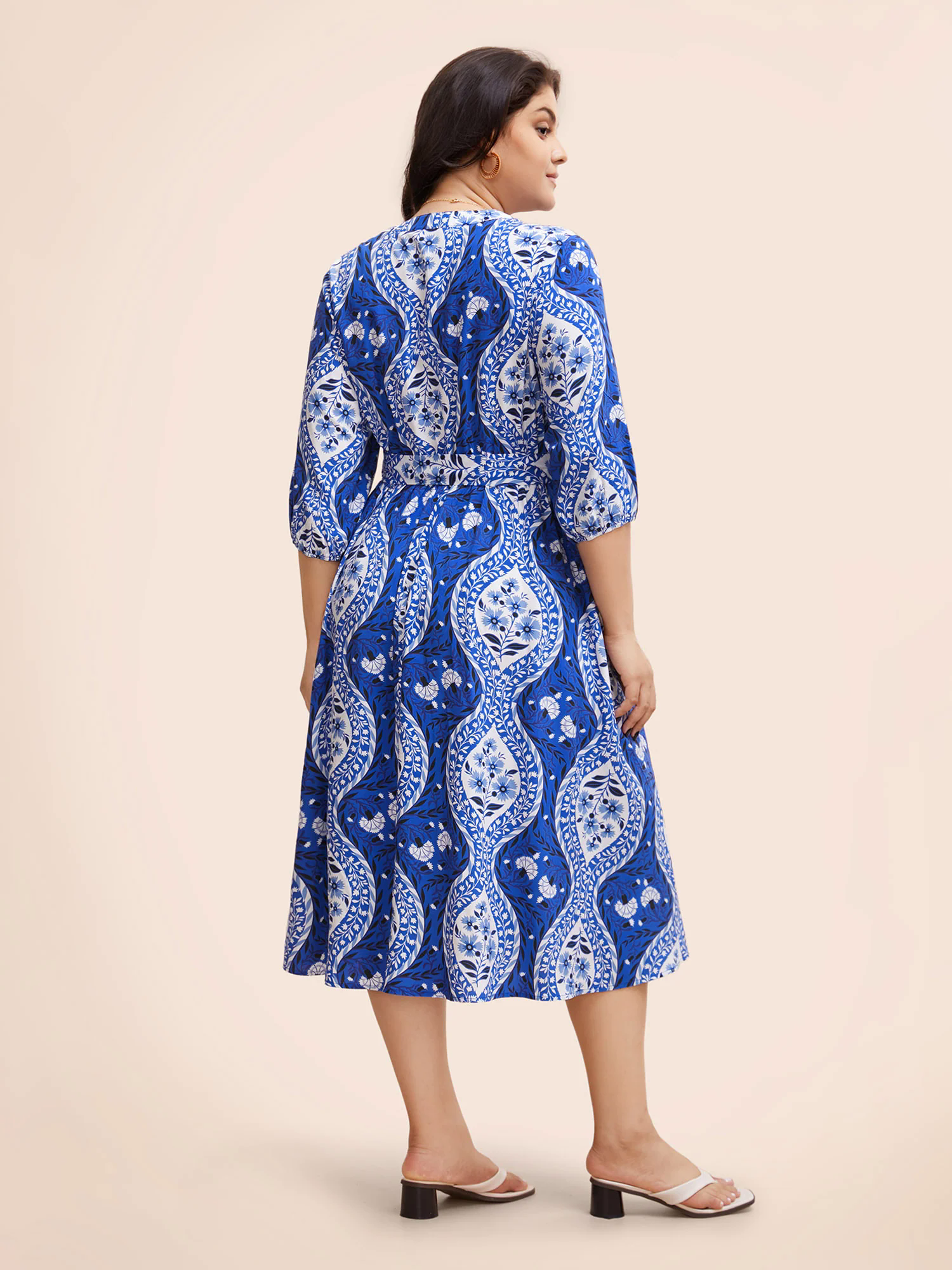 Boho Print Notched Collar Belted Gathered Dress Boho Print Notched Collar Belted Gathered Dress