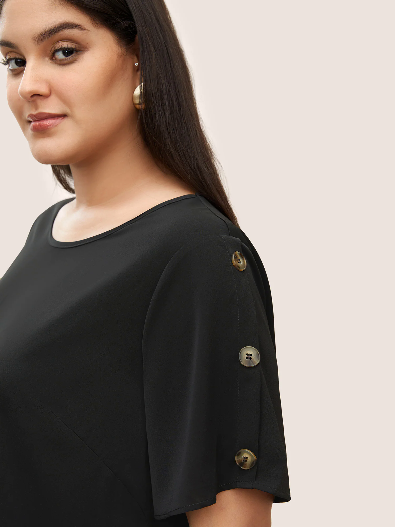 Plain Round Neck Button Detail Blouse