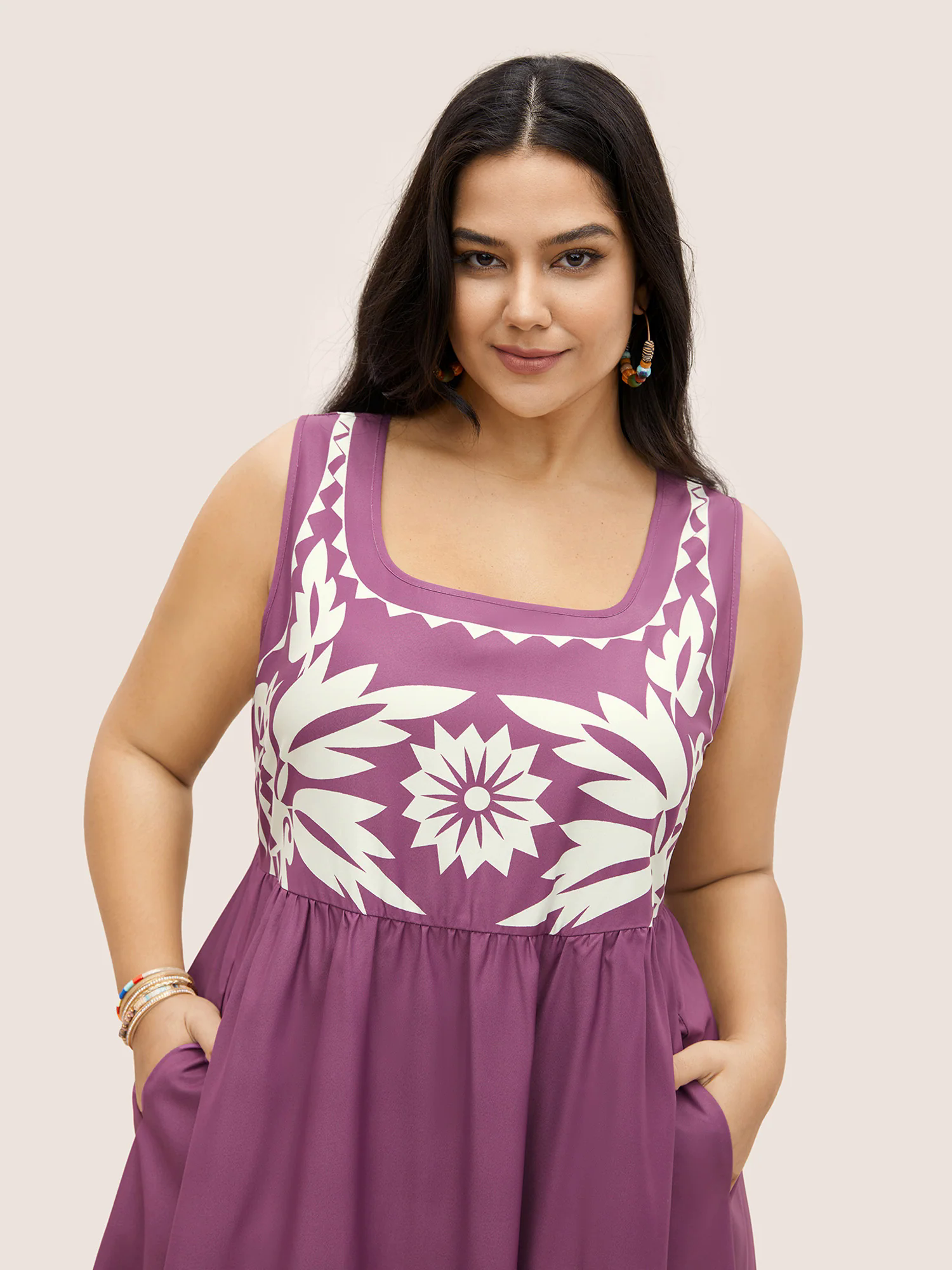 Boho Print Square Neck Elastic Waist Tank Dress Boho Print Square Neck Elastic Waist Tank Dress