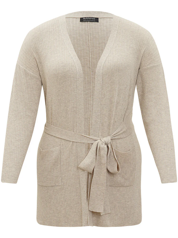 Plain Belted Patched Pocket Split Side Cardigan Plain Belted Patched Pocket Split Side Cardigan