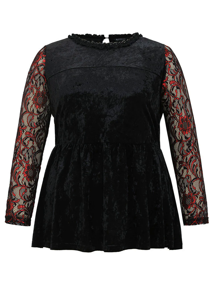 Halloween Lace Patchwork Contrast Cut Out Blouse Halloween Lace Patchwork Contrast Cut Out Blouse