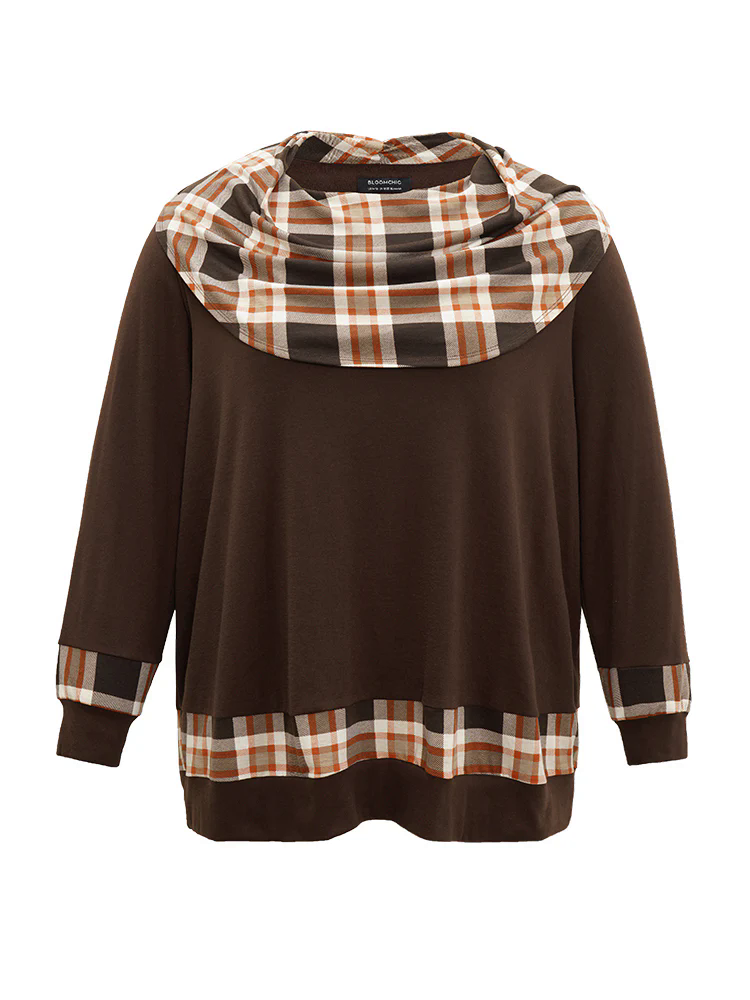 Halloween Plaid Patchwork Cowl Neck T-shirt