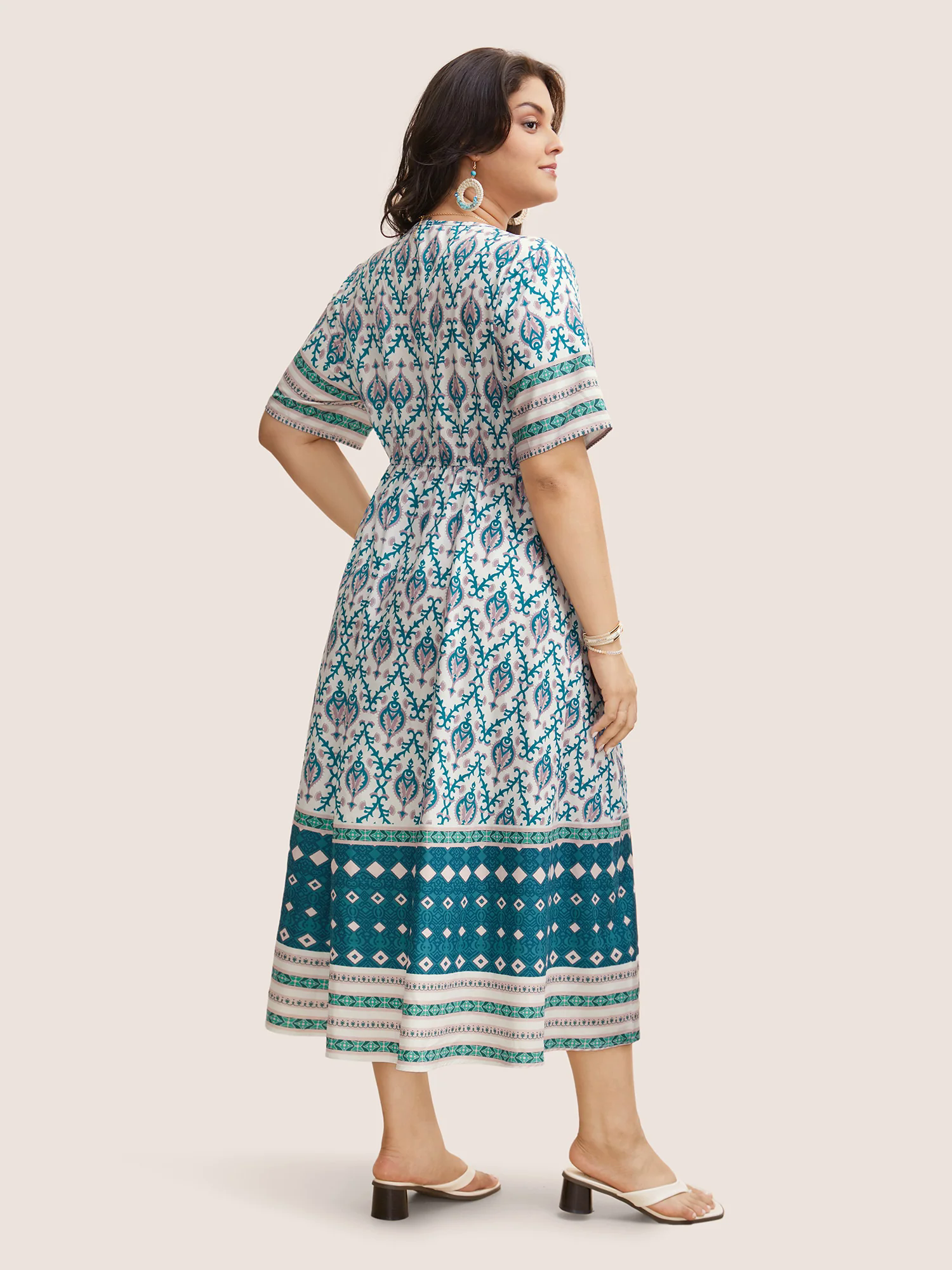 V Neck Boho Print Ruffle Sleeve Midi Dress