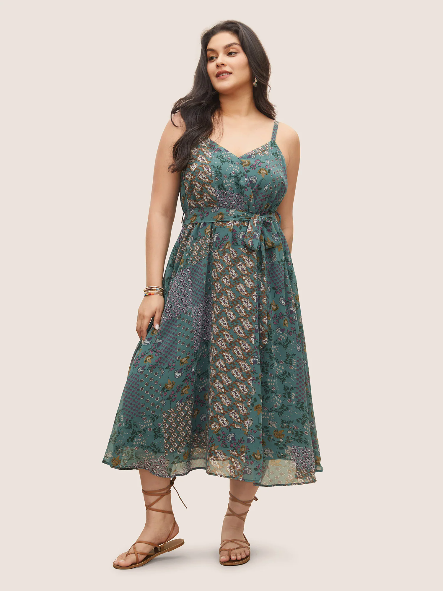 Chiffon Boho Print Wrap Belted Cami Dress Chiffon Boho Print Wrap Belted Cami Dress