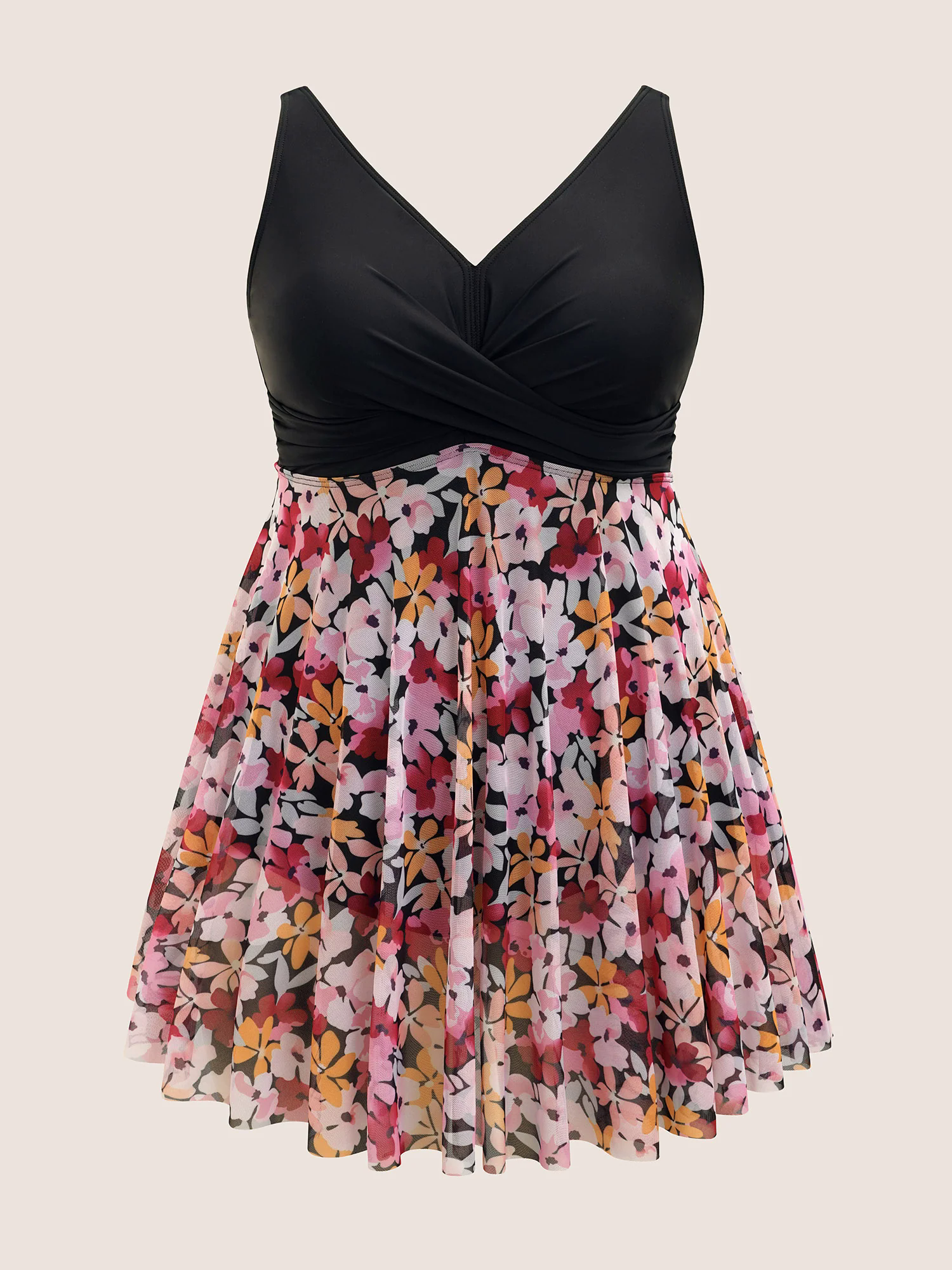 Floral Patchwork Mesh Crossover Swim Dress Floral Patchwork Mesh Crossover Swim Dress