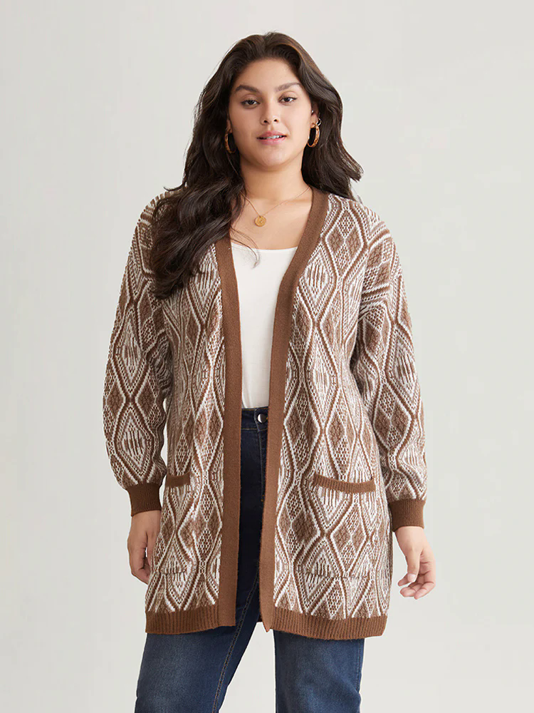 Geometric Graphic Patched Pocket Jacquard Cardigan Geometric Graphic Patched Pocket Jacquard Cardigan