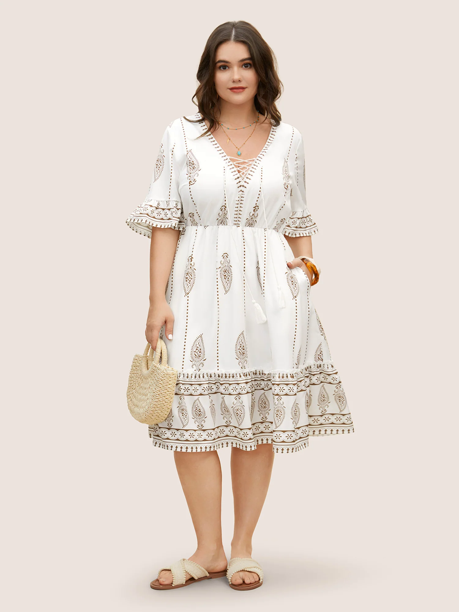 Boho Print Cross Straps Tassels Ruffles Dress Boho Print Cross Straps Tassels Ruffles Dress