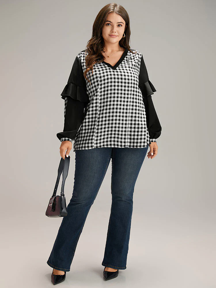 Gingham Patchwork Ruffle Trim Blouse Gingham Patchwork Ruffle Trim Blouse