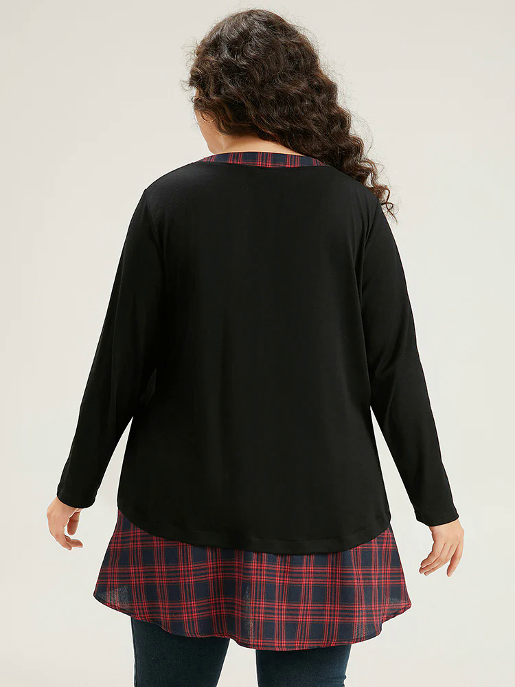 Plaid Patchwork Button Through T-shirt Plaid Patchwork Button Through T-shirt