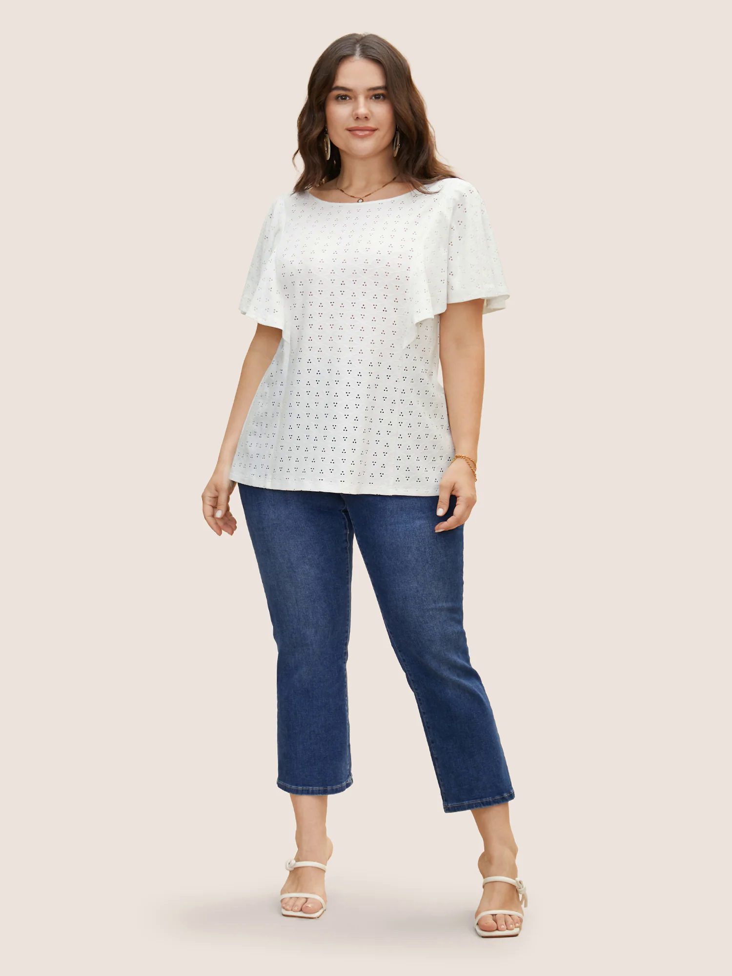 Round Neck Texture Cut Out Ruffle Sleeve T-shirt Round Neck Texture Cut Out Ruffle Sleeve T-shirt