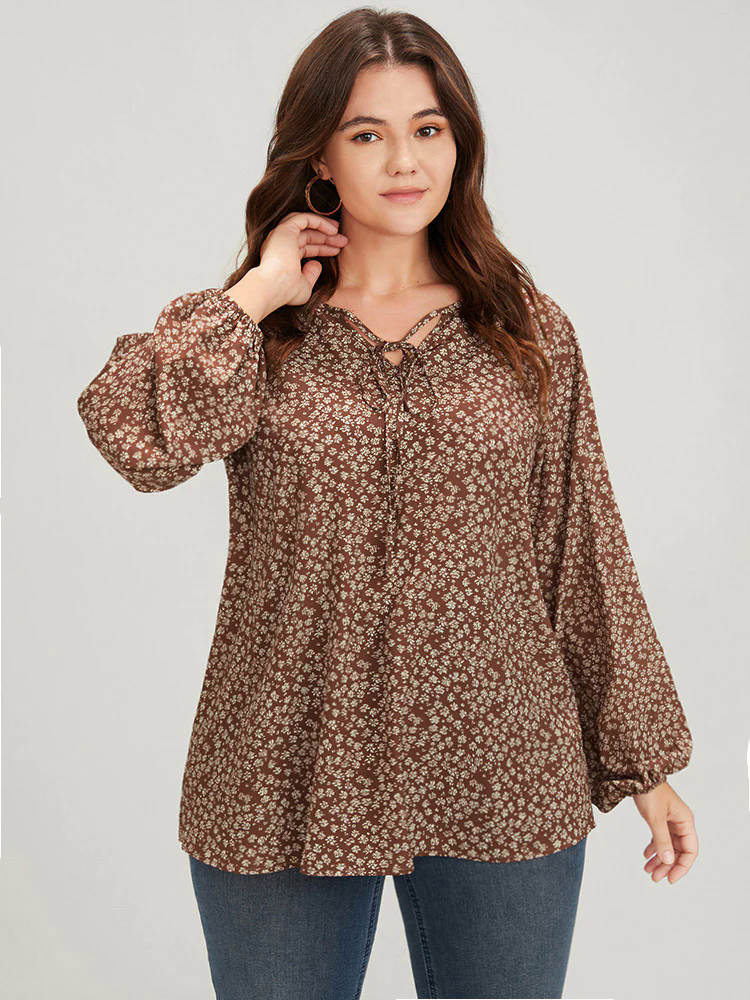 Ditsy Floral Lantern Sleeve Ties V Neck Blouse Ditsy Floral Lantern Sleeve Ties V Neck Blouse