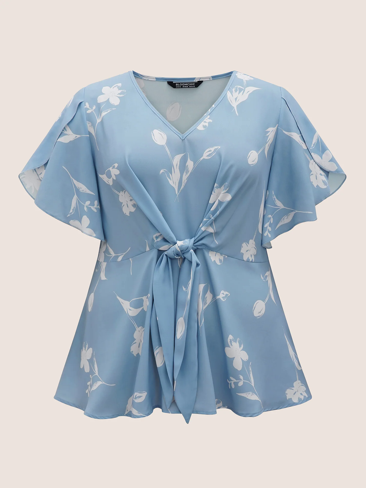 Floral Tie Knot Petal Sleeve Blouse Floral Tie Knot Petal Sleeve Blouse