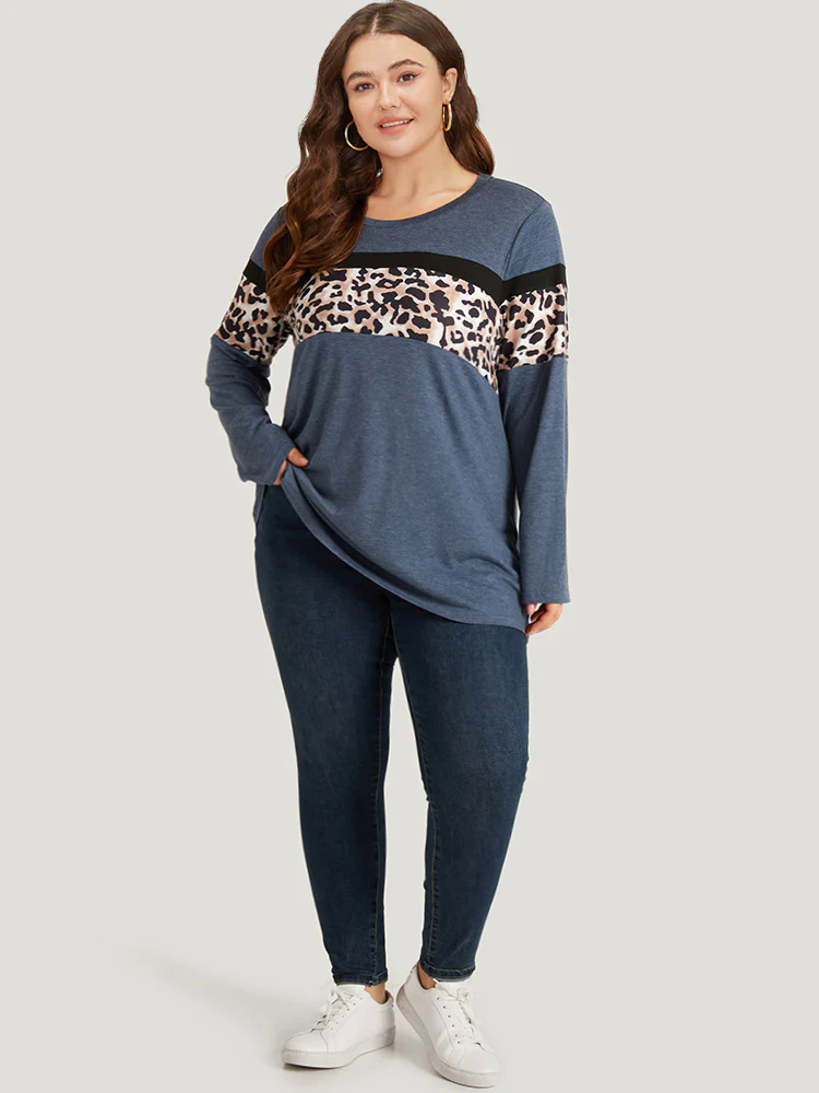 Leopard Heather Patchwork Crew Neck T-shirt Leopard Heather Patchwork Crew Neck T-shirt