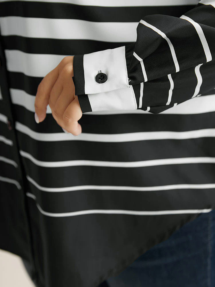 Striped Button Through Curved Hem Blouse
