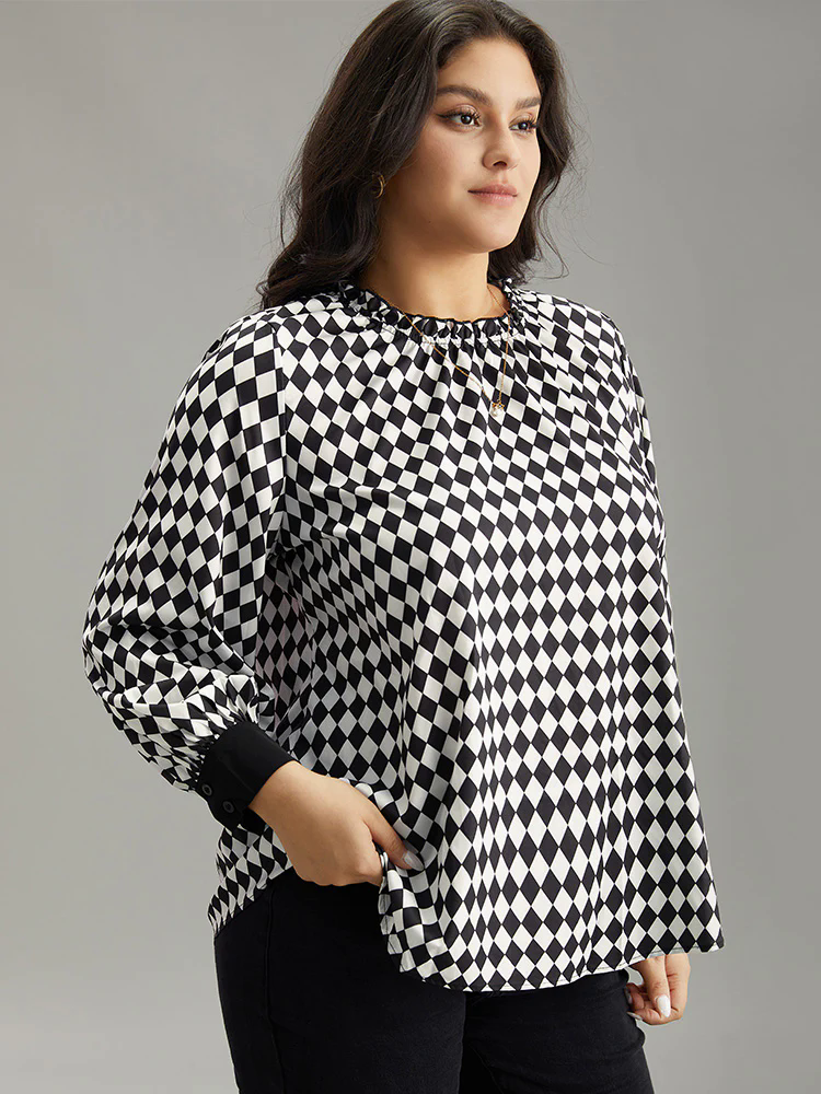 Halloween Check Frill Trim Gathered Patchwork Blouse Halloween Check Frill Trim Gathered Patchwork Blouse