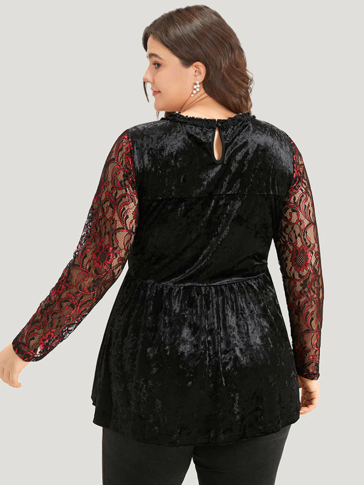 Halloween Lace Patchwork Contrast Cut Out Blouse Halloween Lace Patchwork Contrast Cut Out Blouse