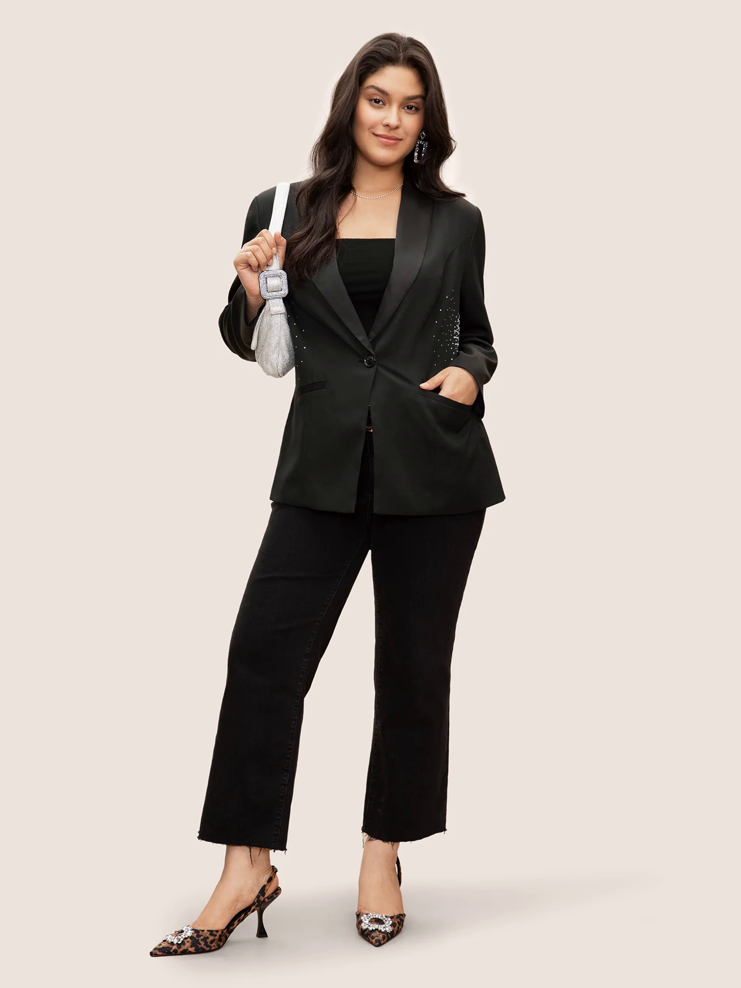 Rhinestone Detail Patched Pocket Button Up Blazer Rhinestone Detail Patched Pocket Button Up Blazer