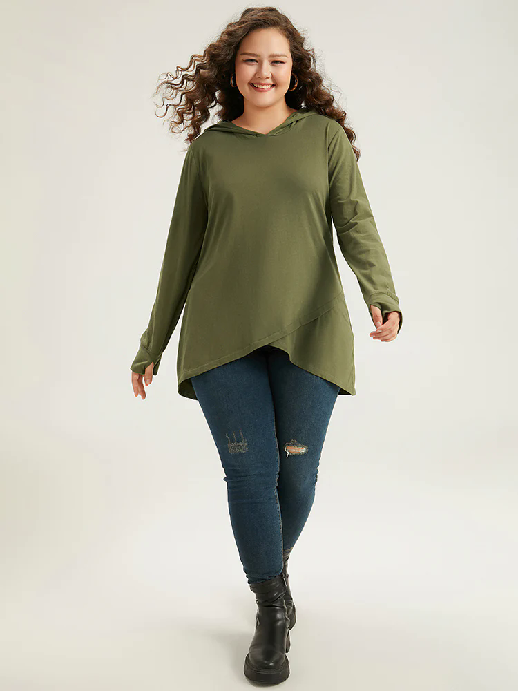 Plain Hooded Wrap Hem Thumb Hole T-shirt Plain Hooded Wrap Hem Thumb Hole T-shirt
