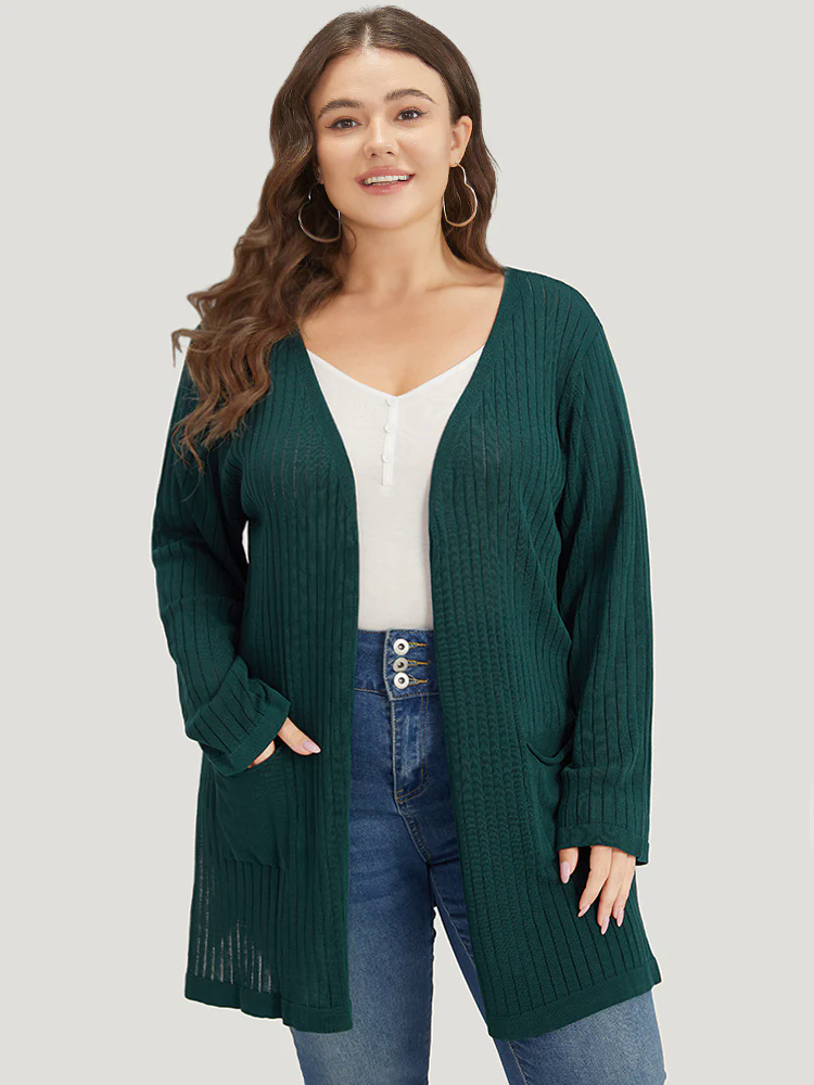 Solid Rib Knit Pocket Lightweight Tunic Cardigan Solid Rib Knit Pocket Lightweight Tunic Cardigan