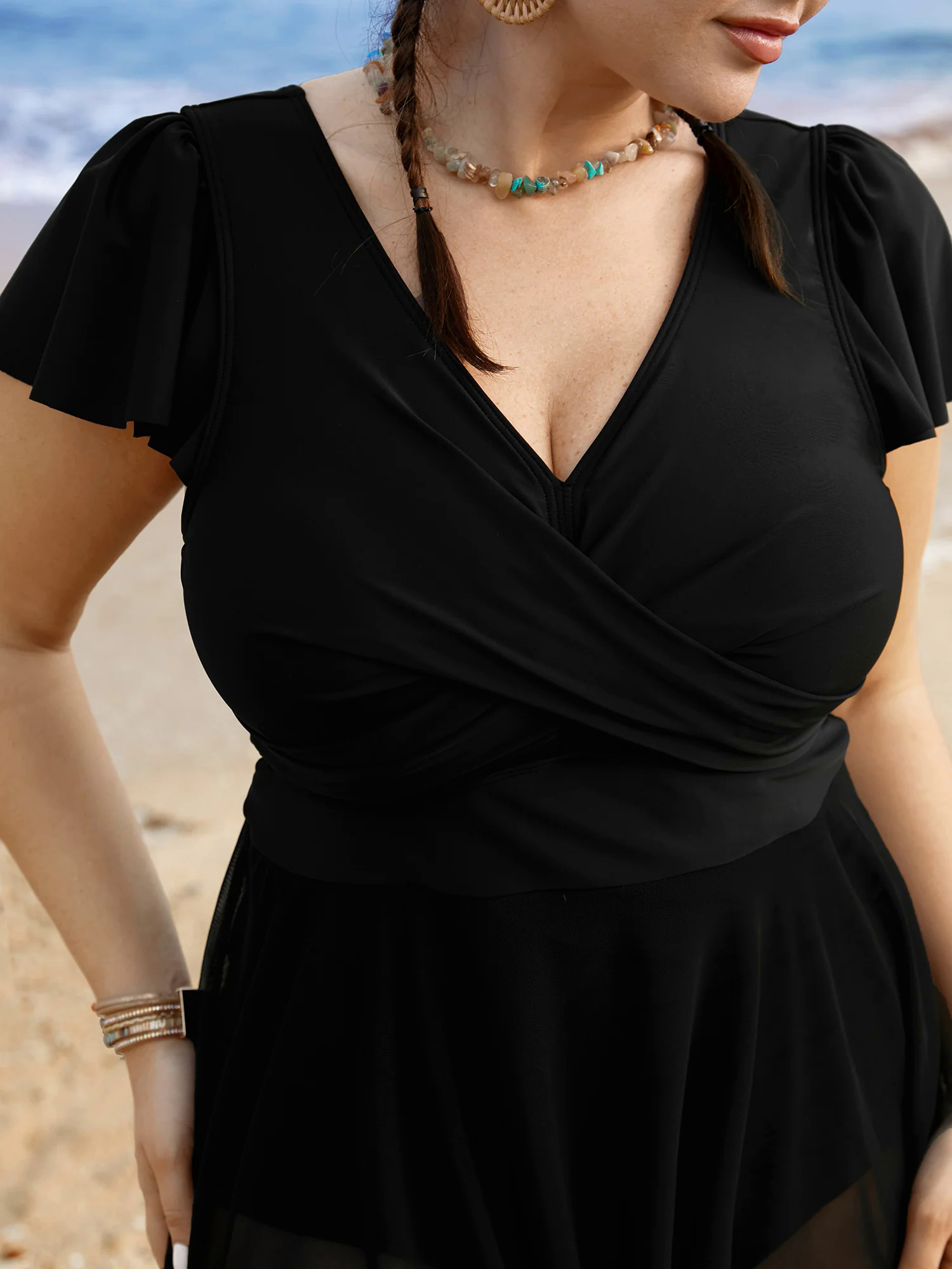 Solid Ruffles Gathered See Through Swim Dress Solid Ruffles Gathered See Through Swim Dress