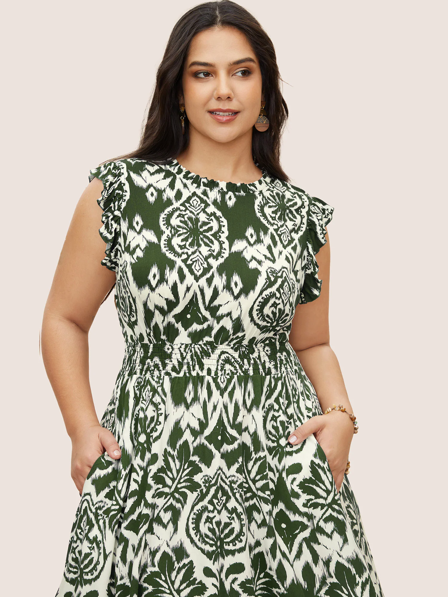 Boho Print Mock Neck Shirred Ruffle Cap Sleeve Dress Boho Print Mock Neck Shirred Ruffle Cap Sleeve Dress