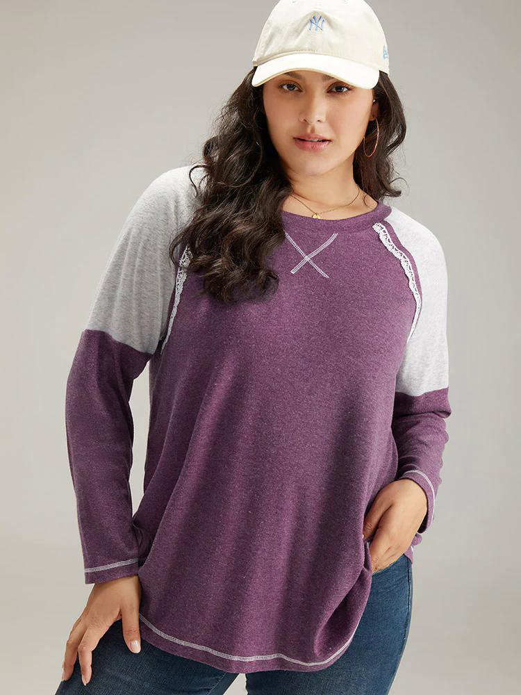 Two Tone Lace Trim Stitch Raglan Sleeve T-shirt Two Tone Lace Trim Stitch Raglan Sleeve T-shirt