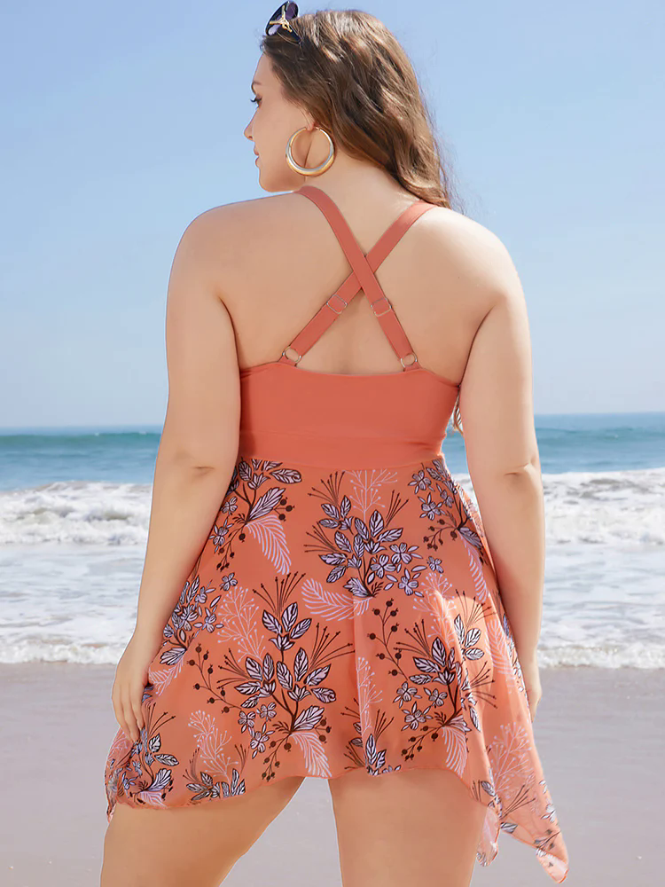 Floral Drawstring Crisscross Back Hanky Hem Swim Dress